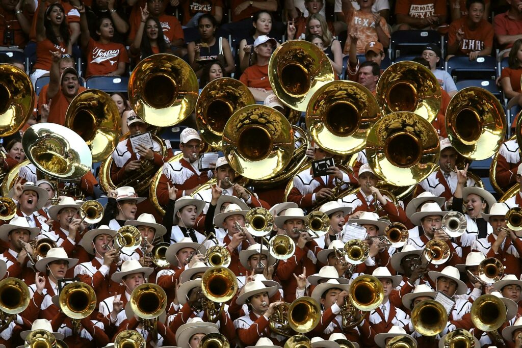 A college band playing in a stadium